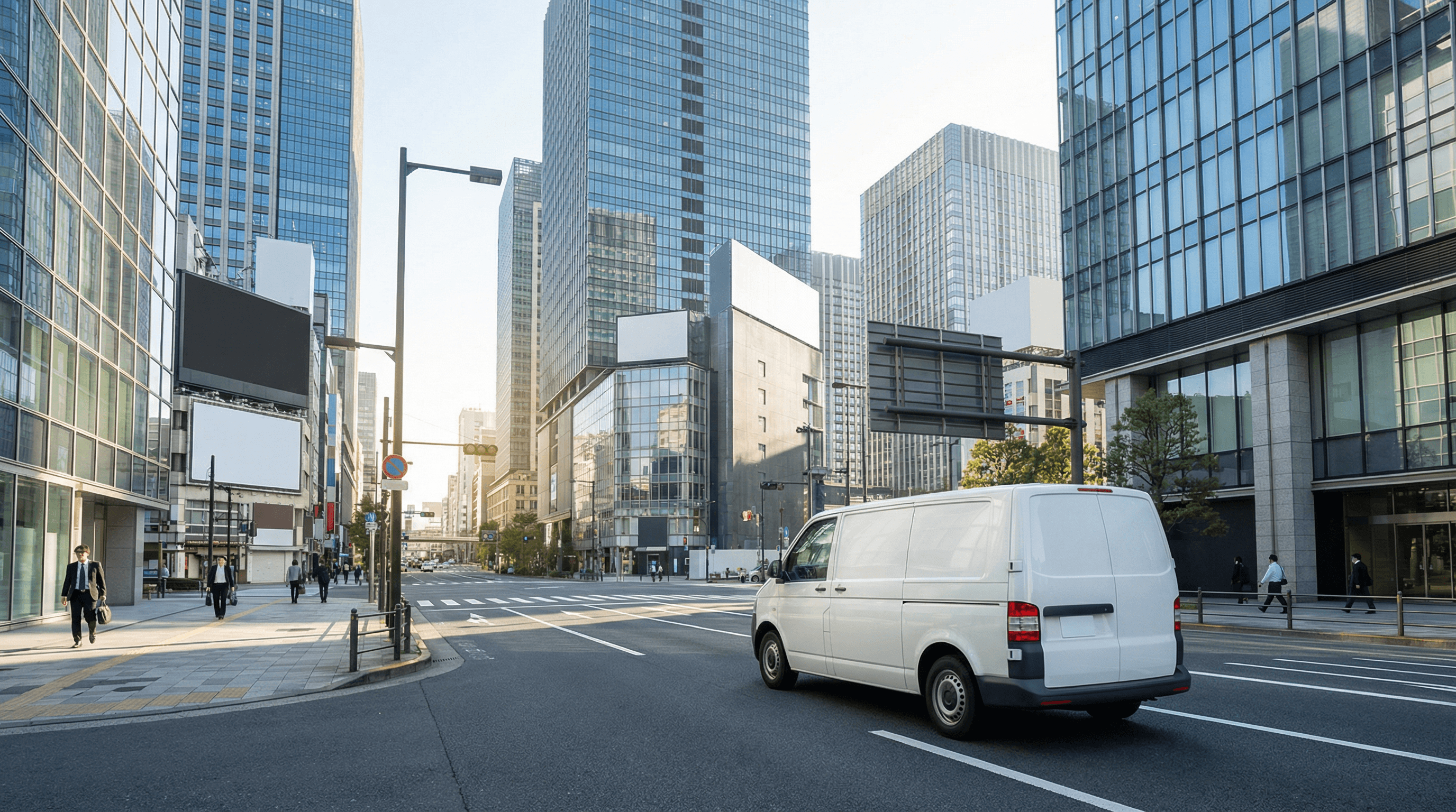 TRUSTロゴ入りの白い軽貨物バンが都市部オフィスビル街を走行している写真