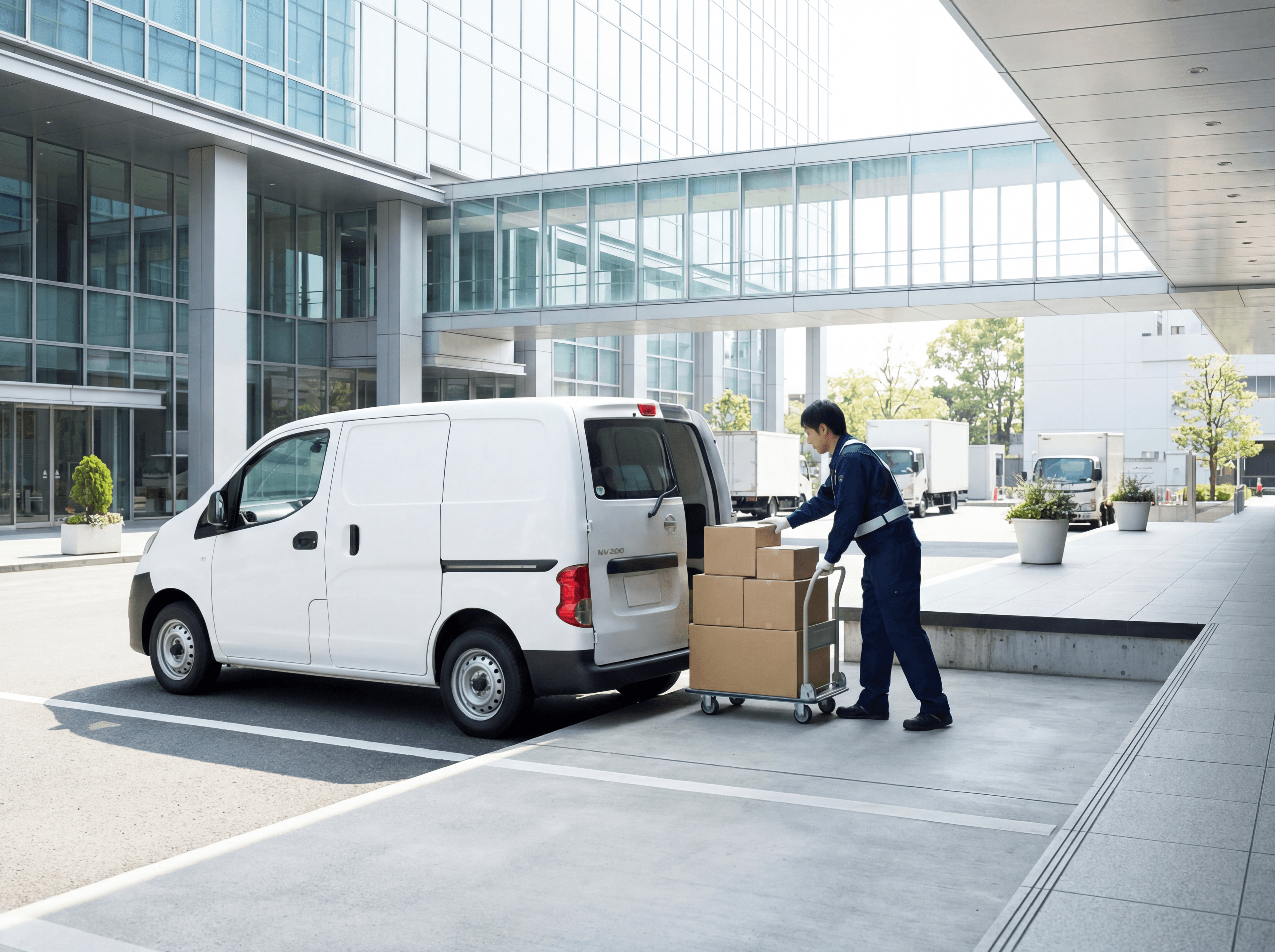 TRUSTの軽貨物バンがオフィスビルの搬入口に停車し、ドライバーが台車で荷物を運んでいる写真