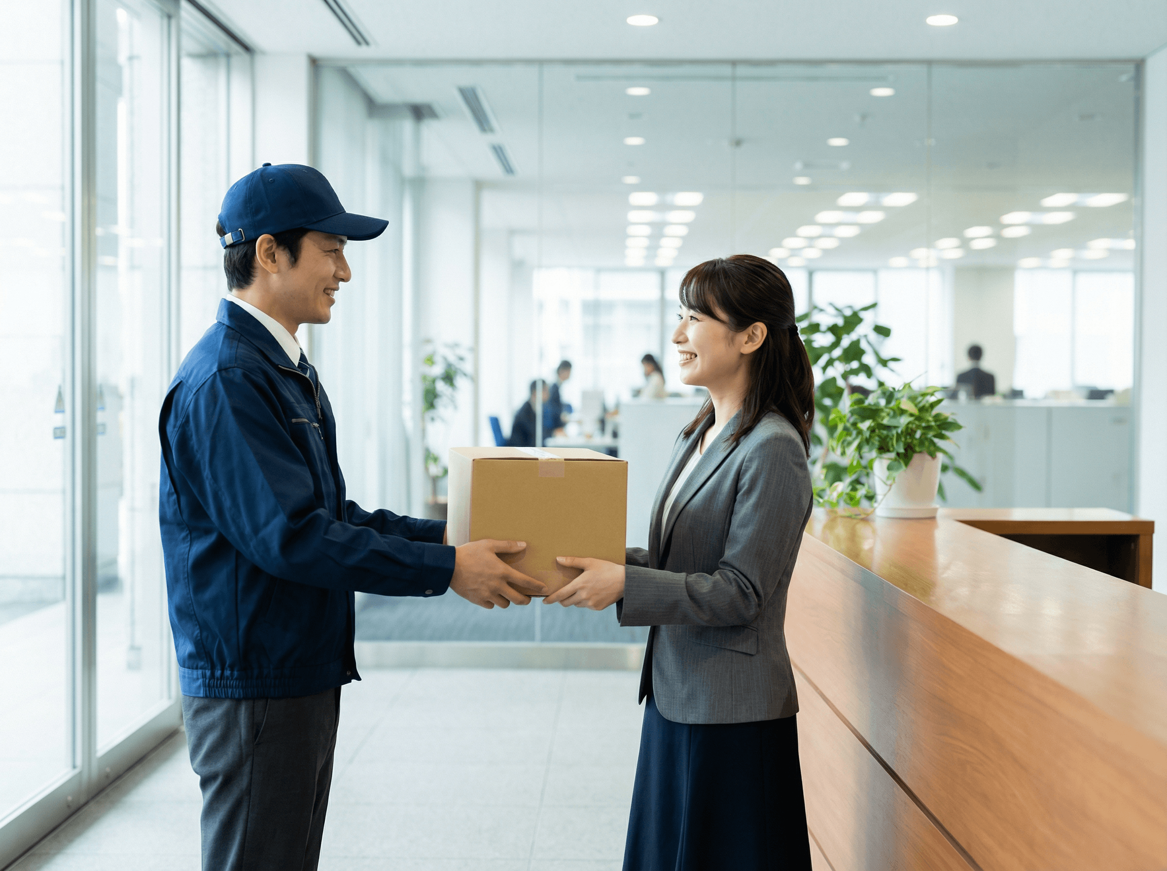 スーツ姿のドライバーが企業の受付で担当者と笑顔で荷物を受け渡ししている写真